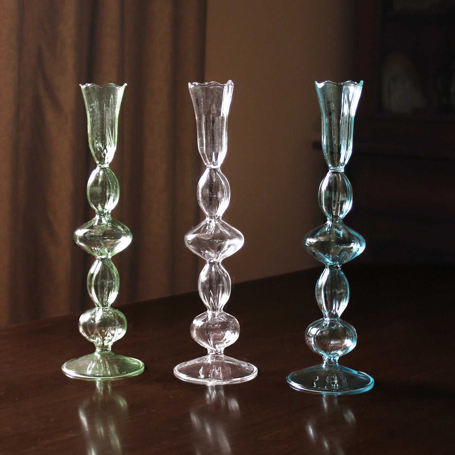 GLASS Blossoms Candlestick Holder Set of 2 (Green)