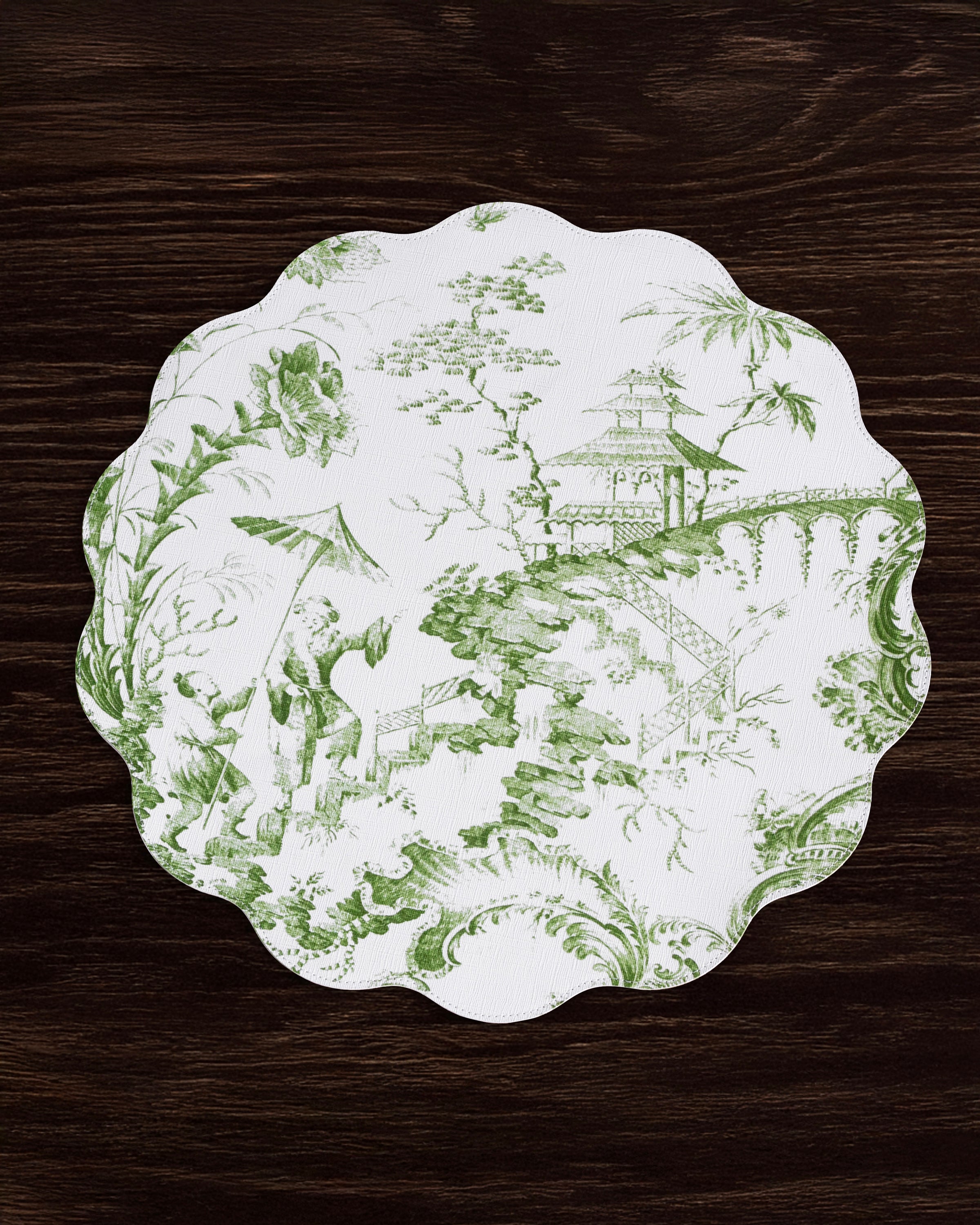 VIDA Chinoiserie Reversible  Round Placemats Set of 4 Green & White