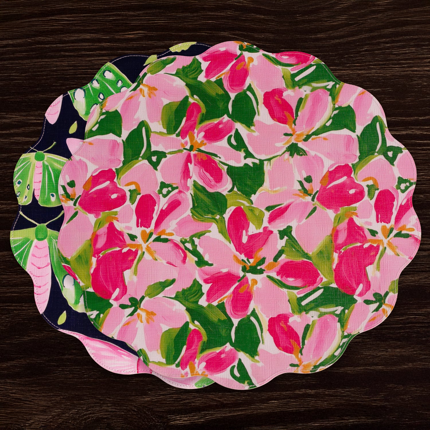 beatriz-ball-vida-butterflies-and-flowers-reversible-round-placemats-set-of-4-pink-and-green