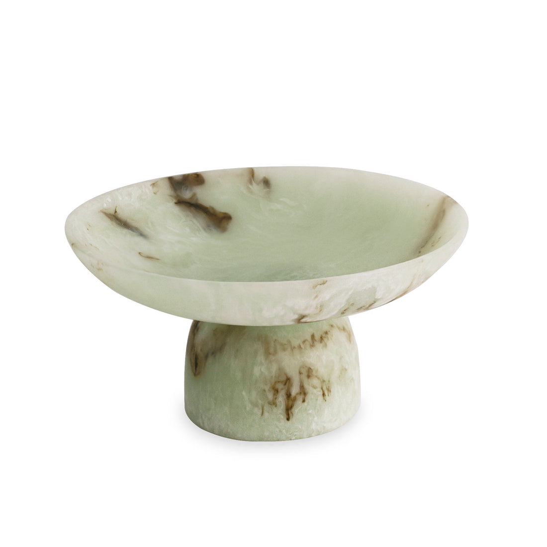 Jade swirl marble pattern resin pedestal dish on a white background