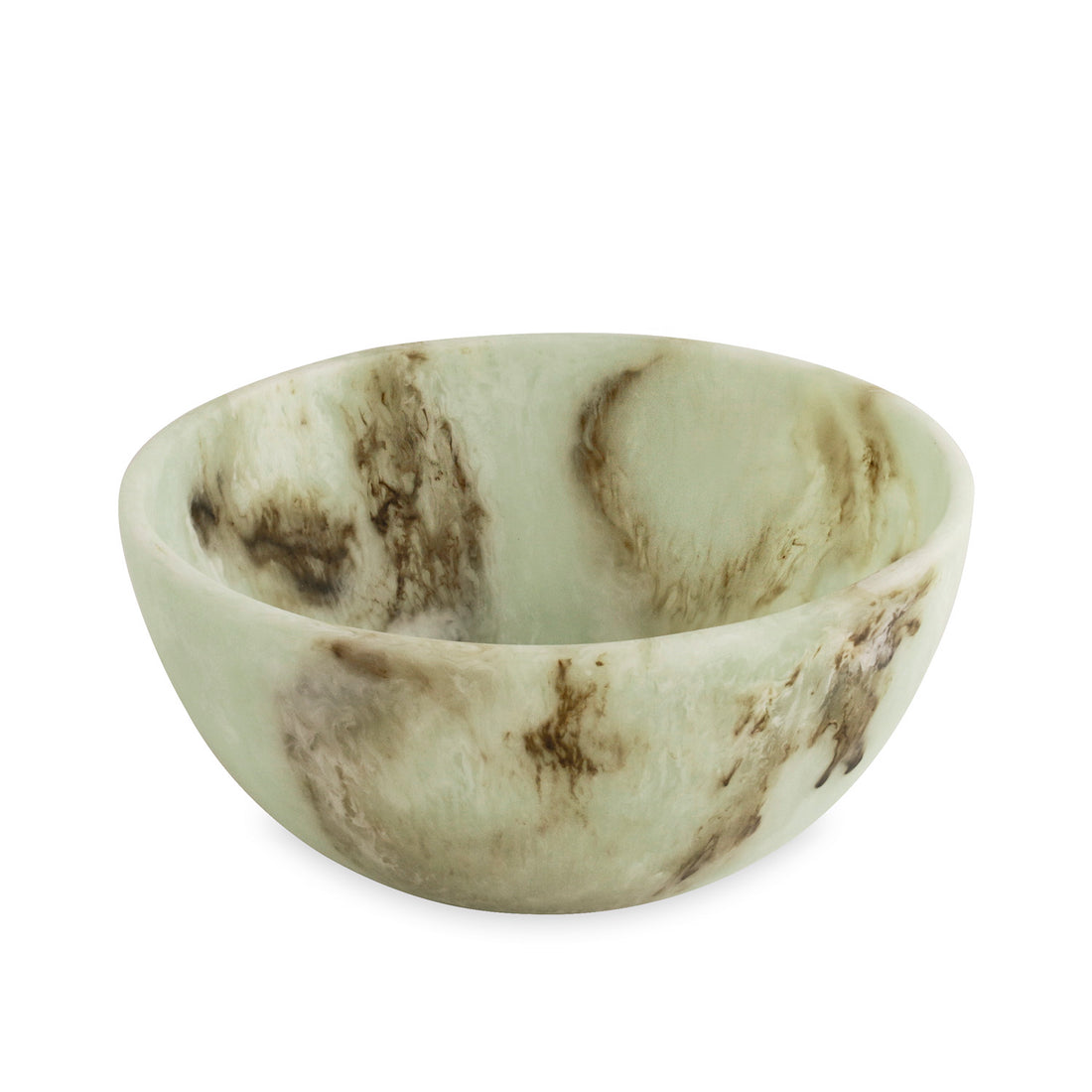 Jade swirl marble pattern resin bowl on a white background