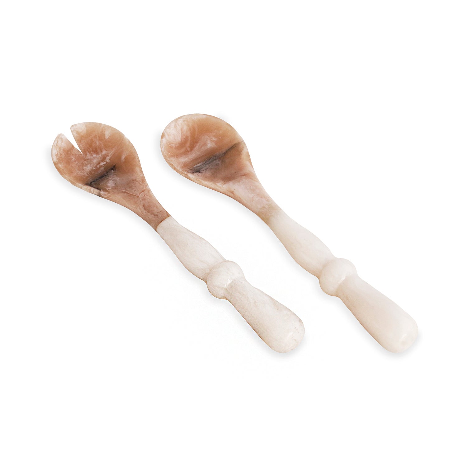 Set of two wooden salad servers with natural finish on a white background