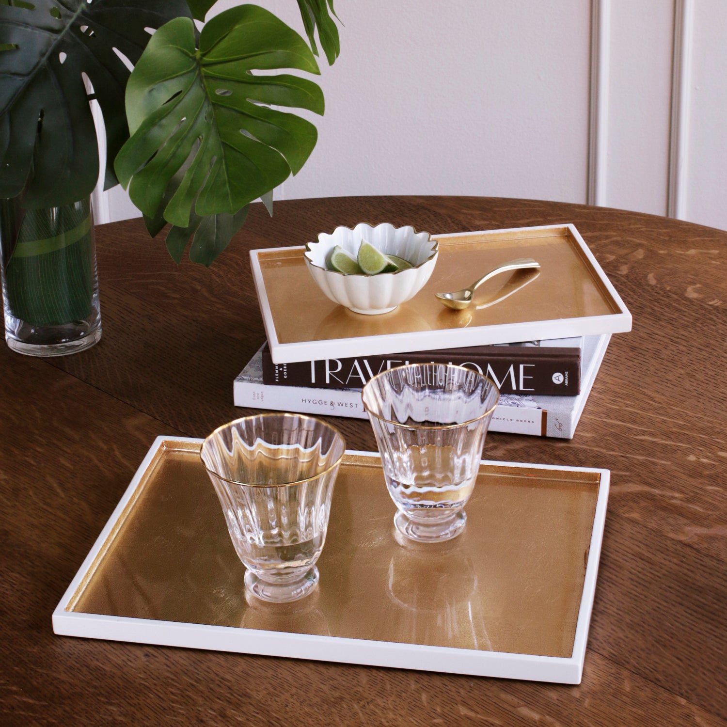INDOCHINE Rectangle Lacquered Trays Set of 2  White and Gold