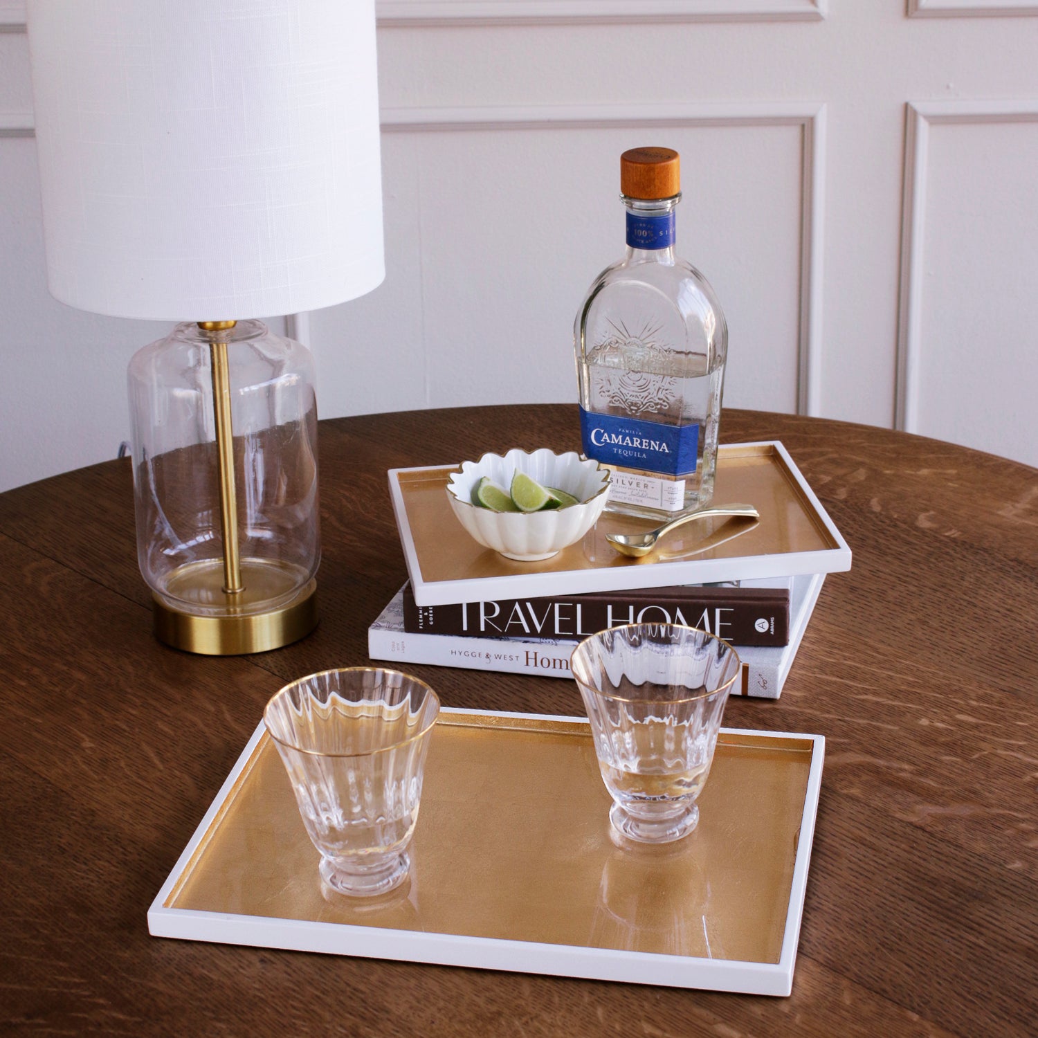 INDOCHINE Rectangle Lacquered Trays Set of 2  White and Gold