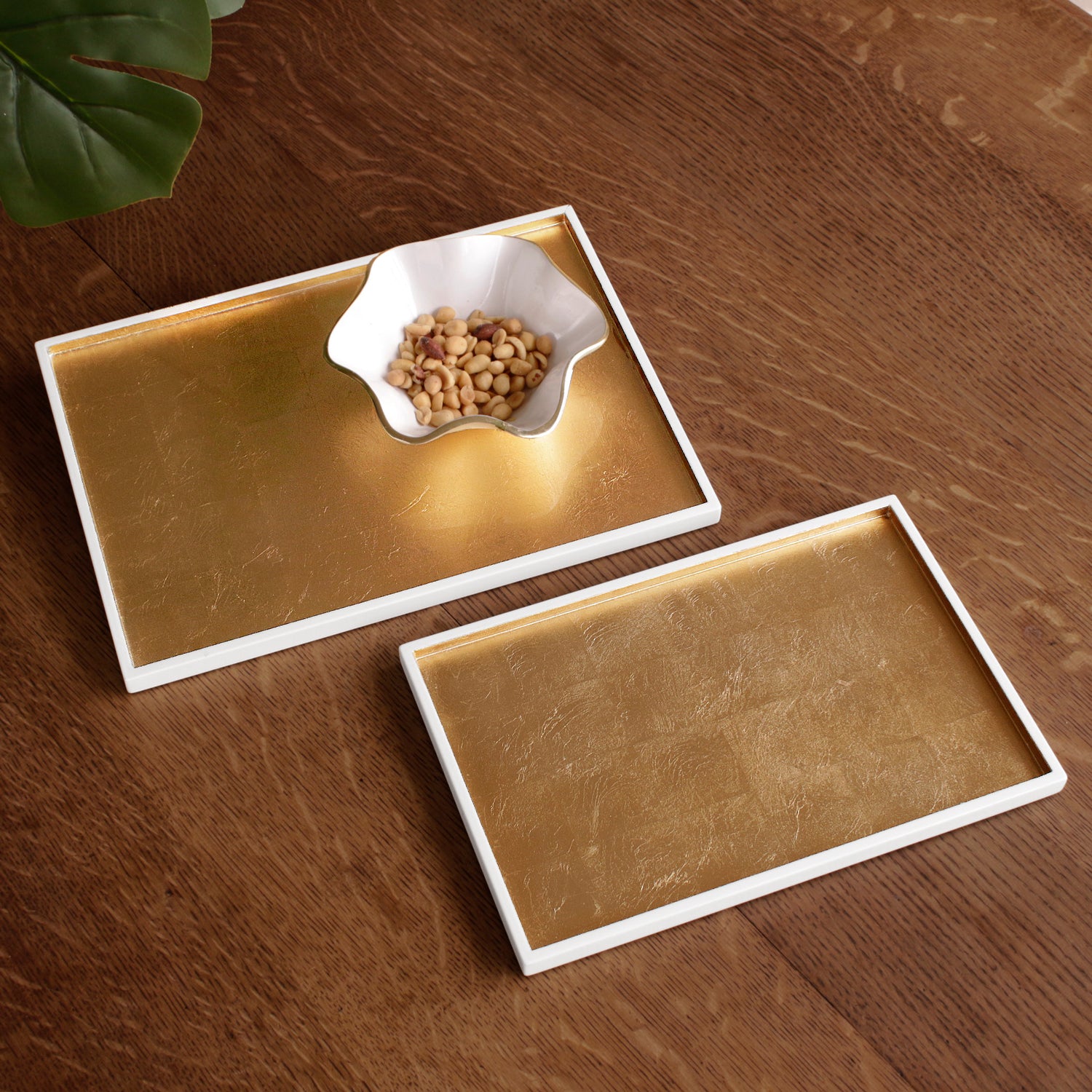 INDOCHINE Rectangle Lacquered Trays Set of 2  White and Gold