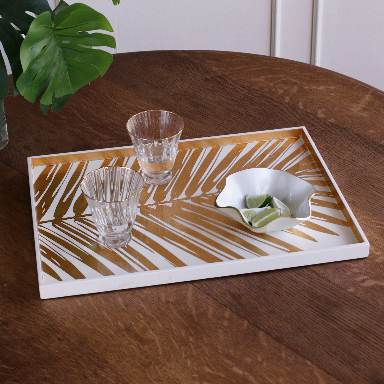 INDOCHINE Large  Lacquered Palm Tray White and Gold