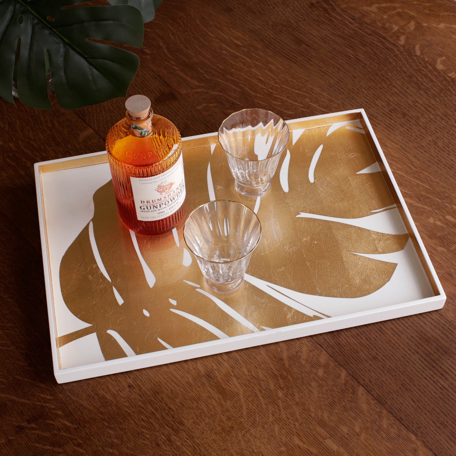 INDOCHINE Large Lacquered PhilodendronTray White and Gold