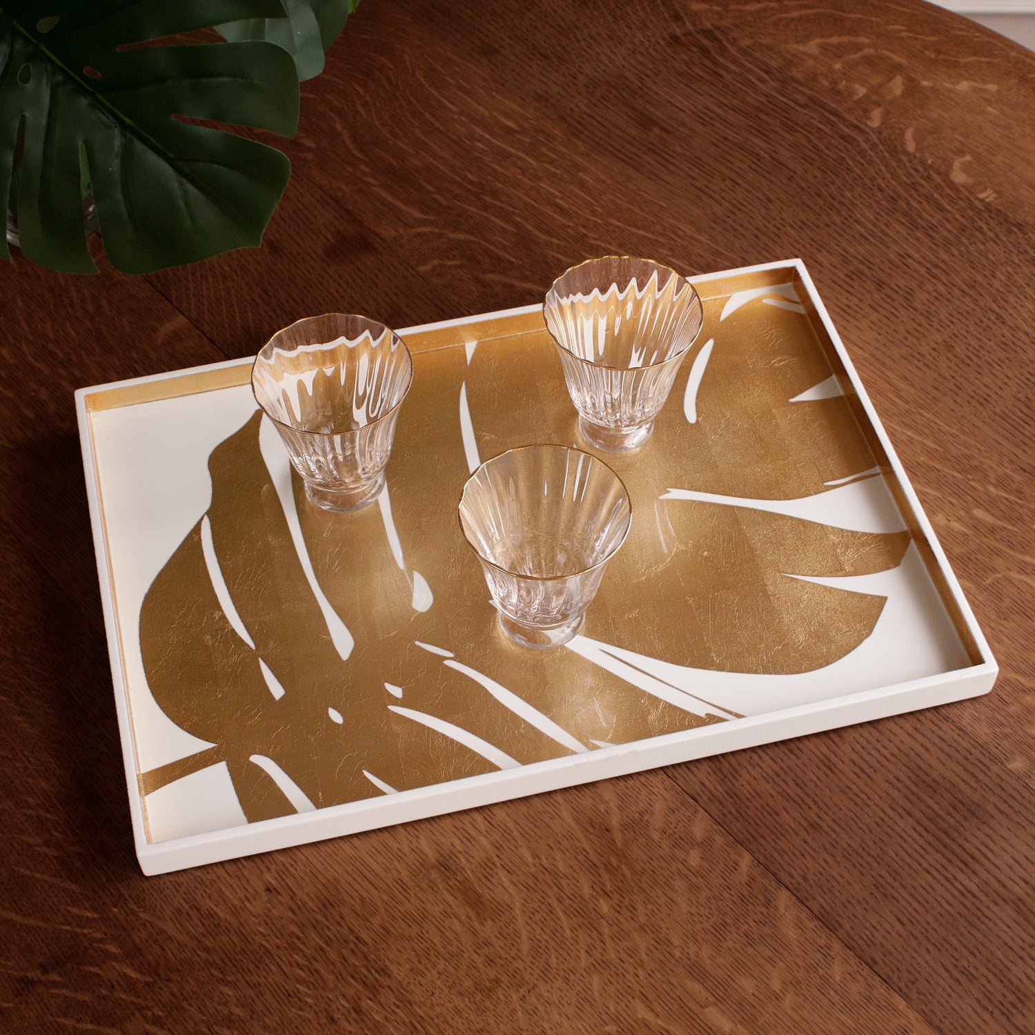 INDOCHINE Large Lacquered PhilodendronTray White and Gold