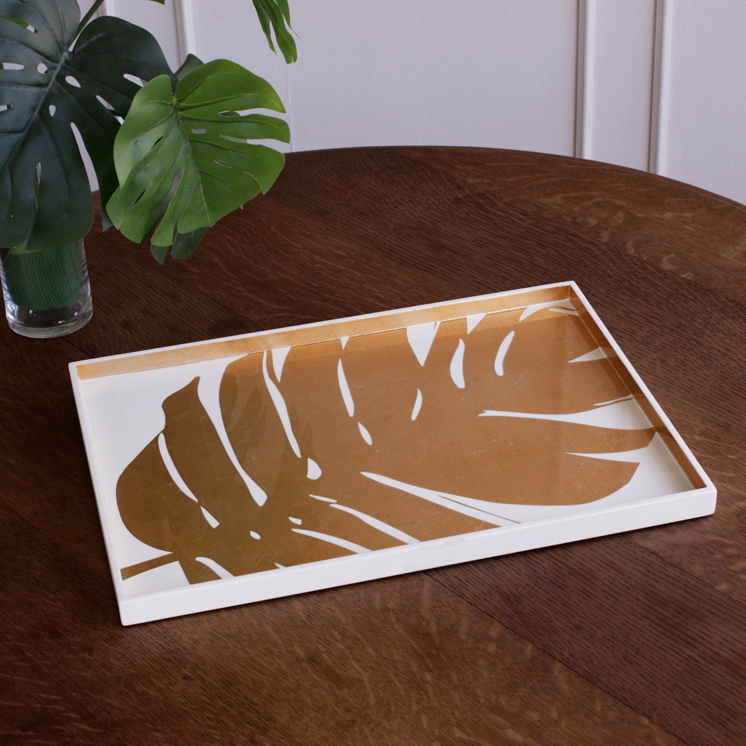 INDOCHINE Large Lacquered PhilodendronTray White and Gold