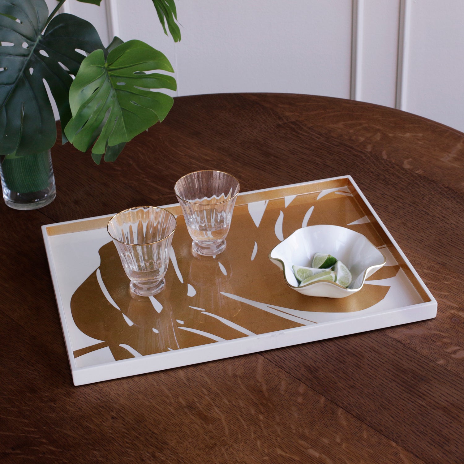 INDOCHINE Large Lacquered PhilodendronTray White and Gold