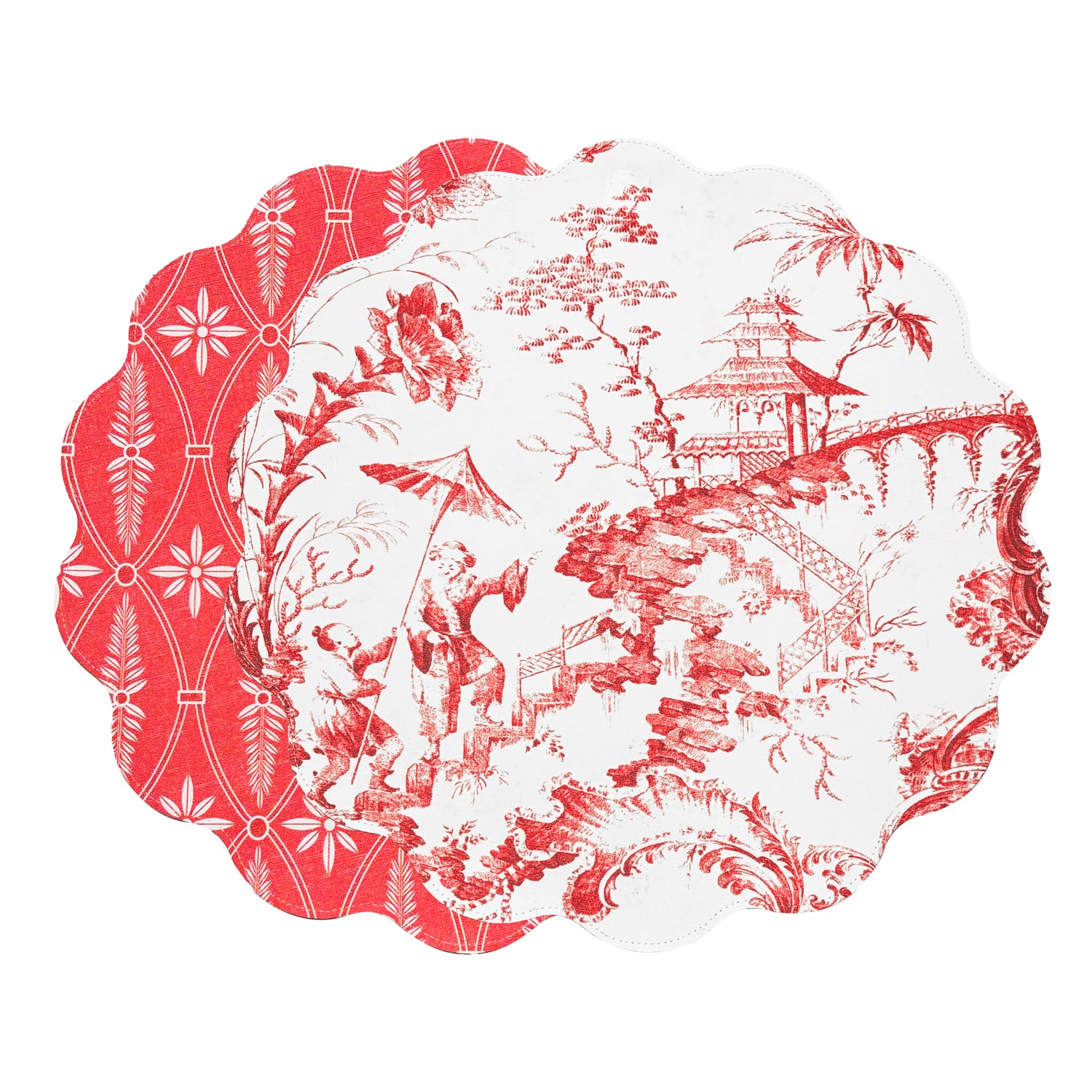 VIDA Chinoiserie and Trellis Reversible Round Placemats Set of 4 Red & White