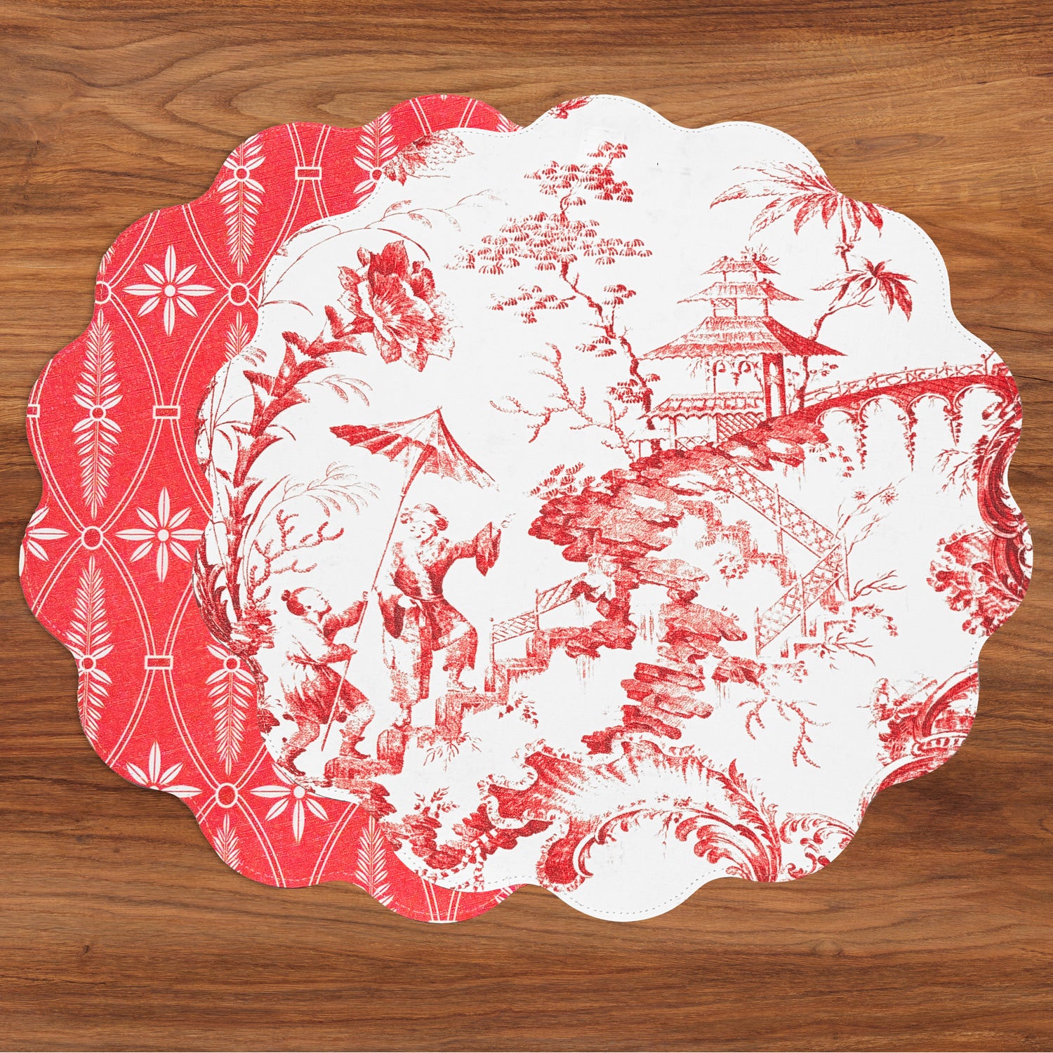 VIDA Chinoiserie and Trellis Reversible Round Placemats Set of 4 Red & White