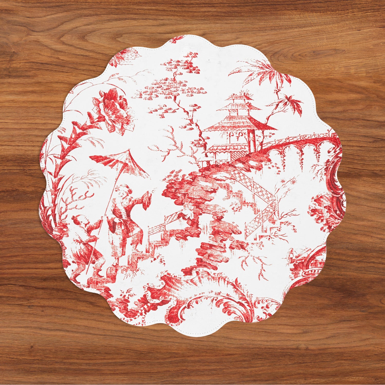 VIDA Chinoiserie and Trellis Reversible Round Placemats Set of 4 Red & White