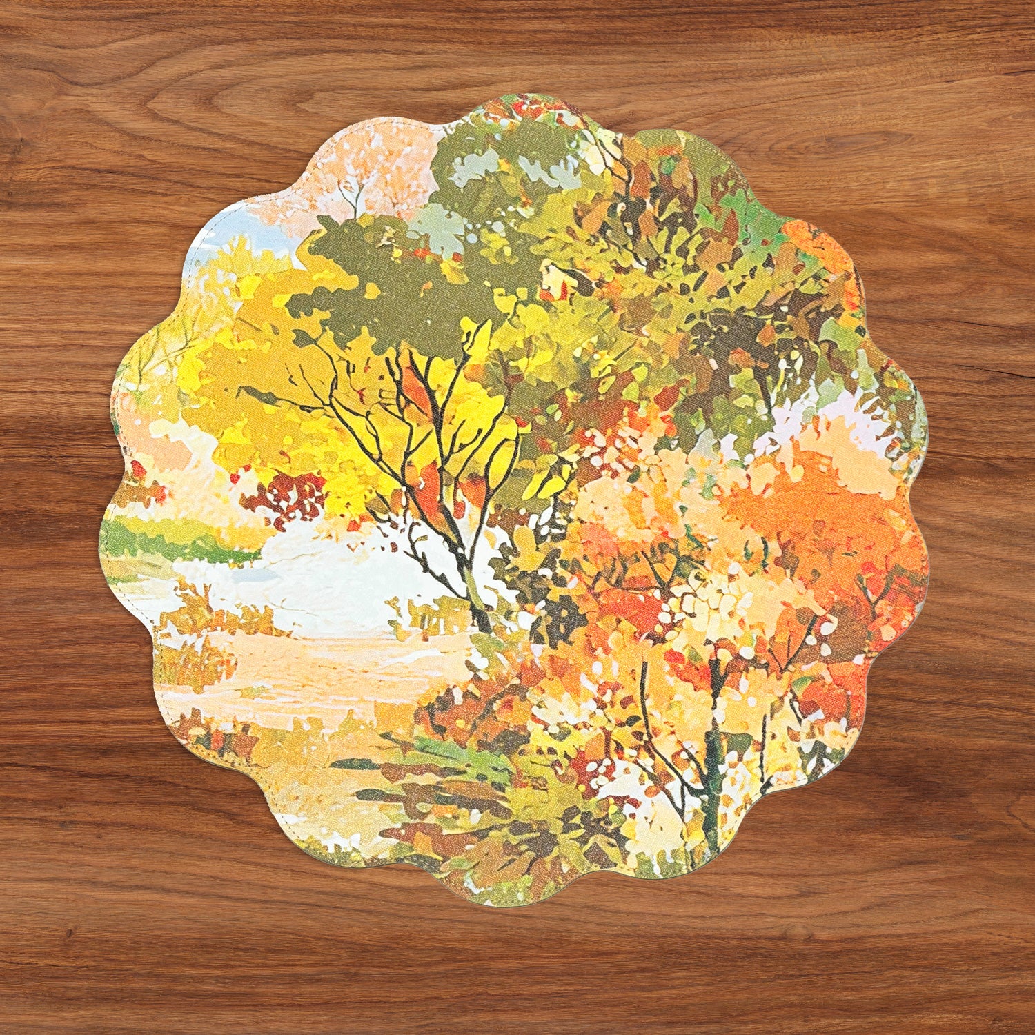 VIDA Fall Trees and Wood Grain Reversible Round Placemats Set of 4 Orange & Green