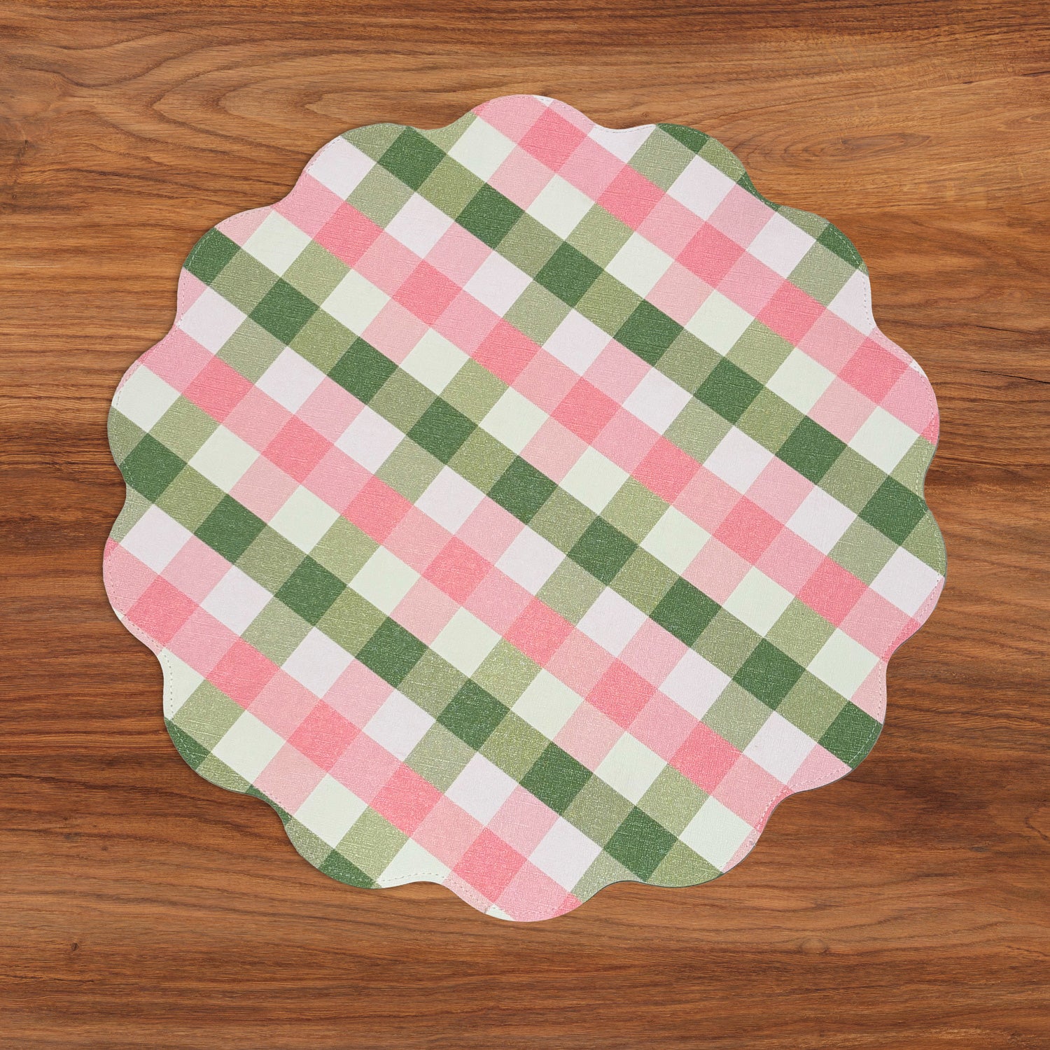 VIDA Tropical Floral and Preppy Plaid Reversible Round Placemats Set of 4 Pink & Green