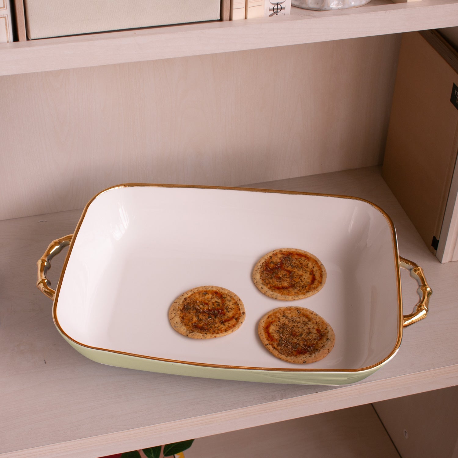CERAMIC Bambu Rectangular Casserole Pistachio & White