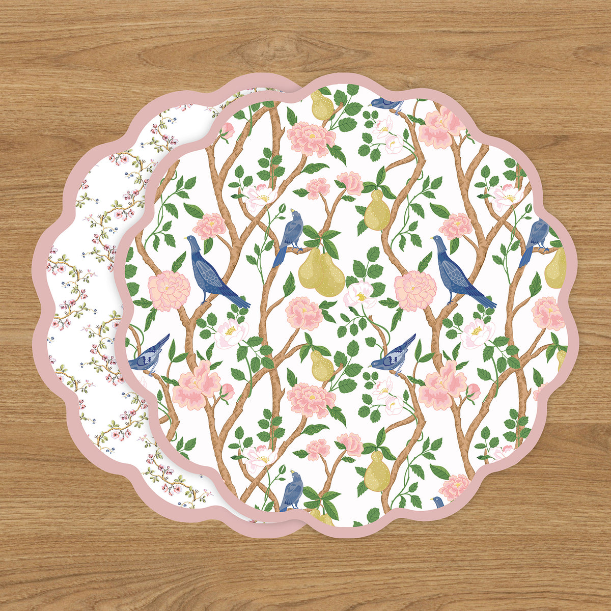 VIDA Birds, Pears and Vines Reversible Placemats Set of 4 (Pink & Green)