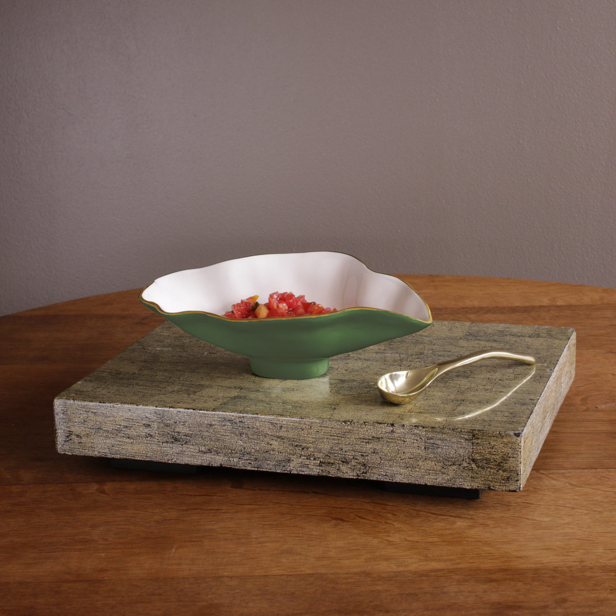 ENCANTO Claire Small Oval Bowl with Spoon Leaf Green and White