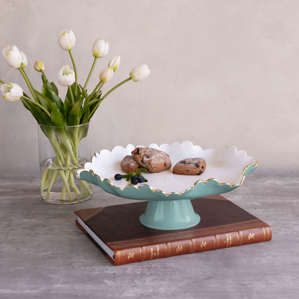ENCANTO Colette Pedestal Cake Plate (Turquoise and White)