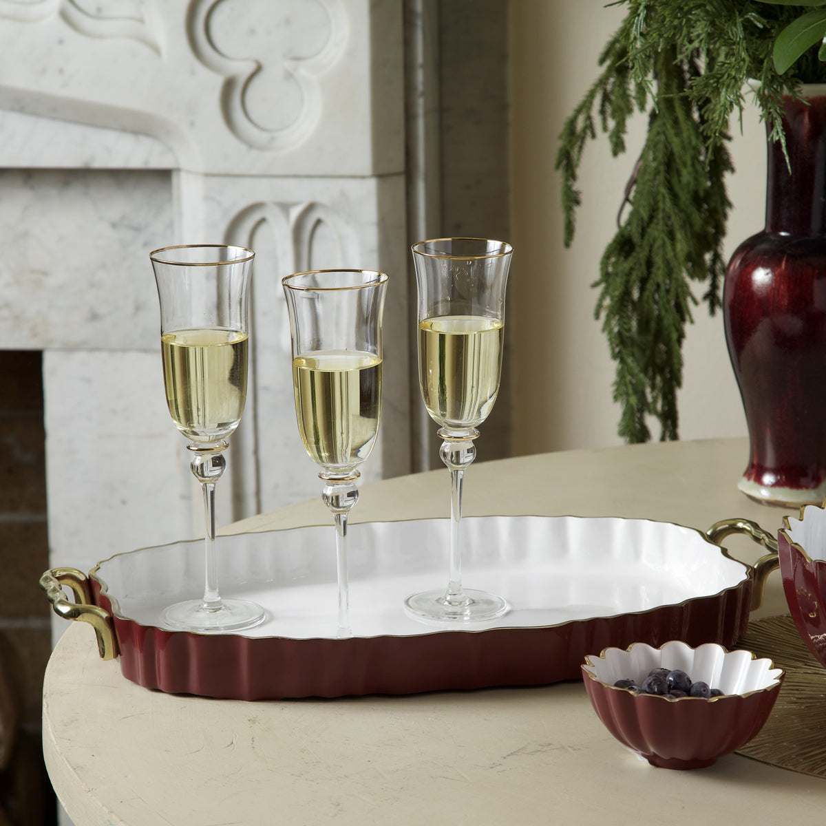 ENCANTO Vintage Fluted Oval Tray with Handles (Bordeaux and White)