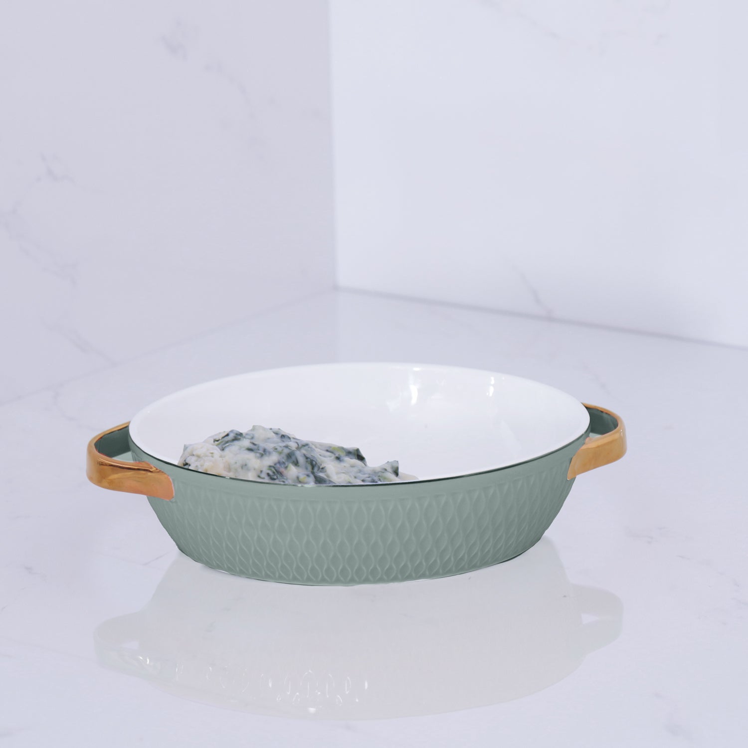 CERAMIC Small Oval Baker with Gold Handles Sage