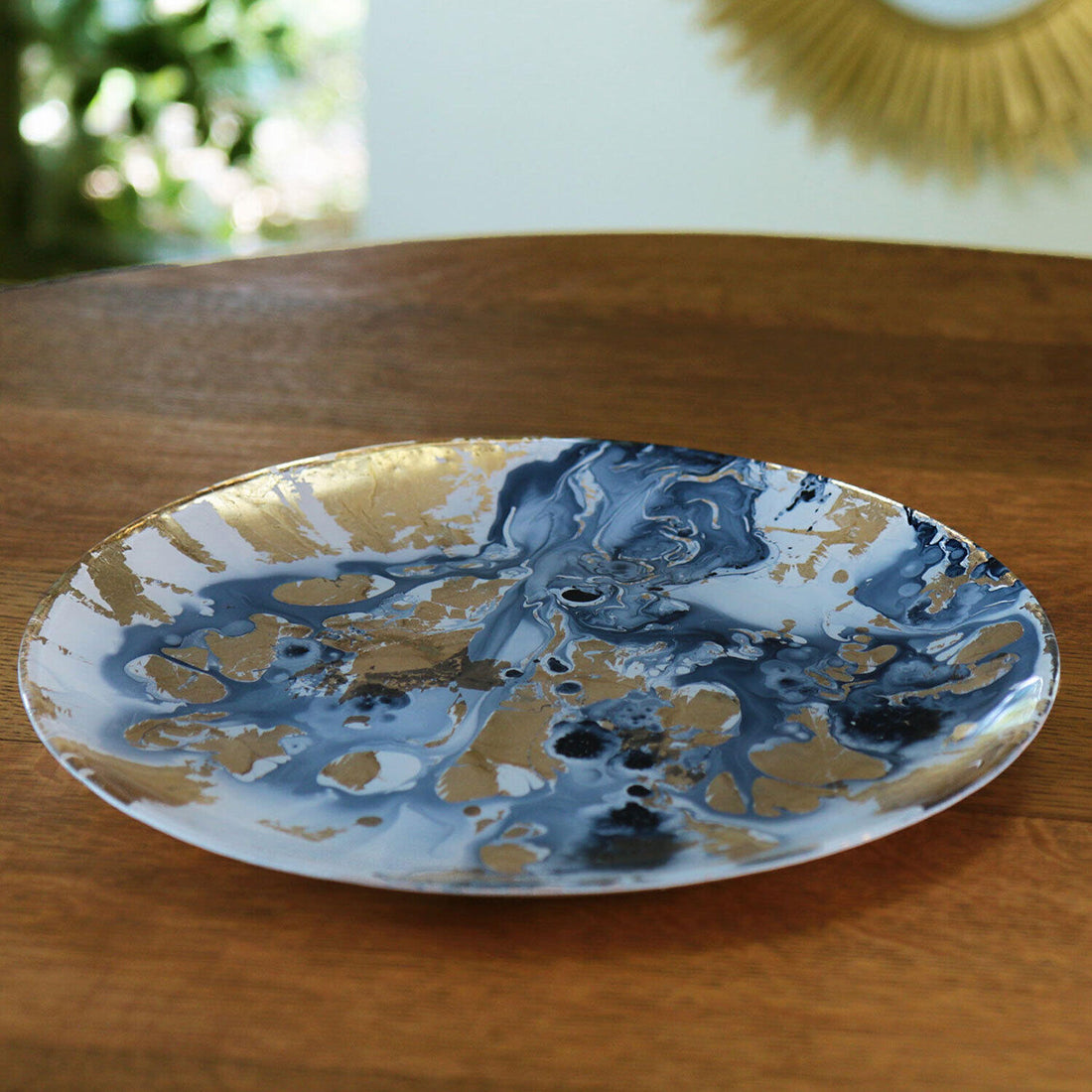 GLASS New Orleans Large Round Painted Platter (Blue &amp; Gold)