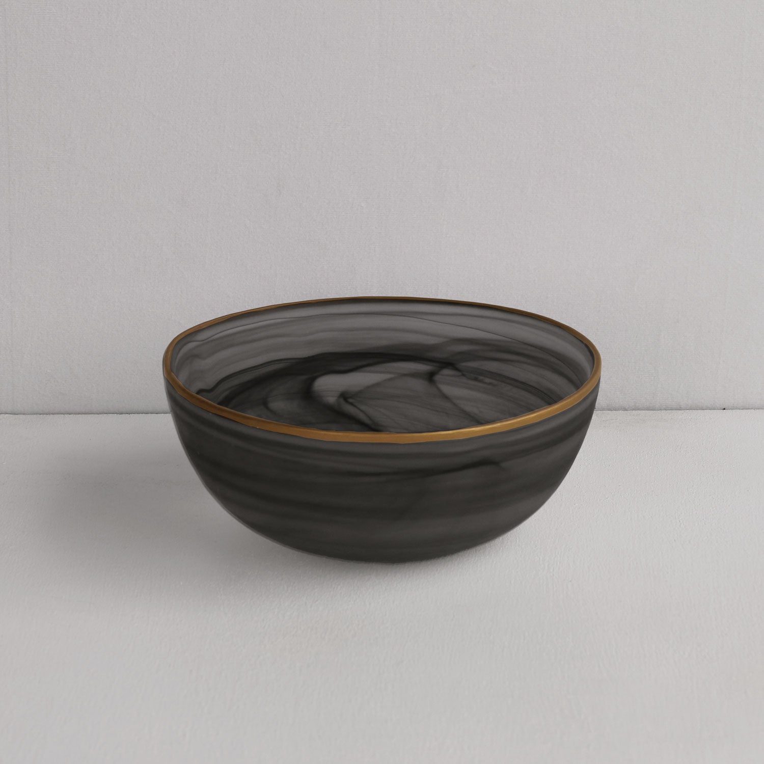 GLASS Frosted Black Alabaster Medium Bowl with Gold Rim (Black and Gold)