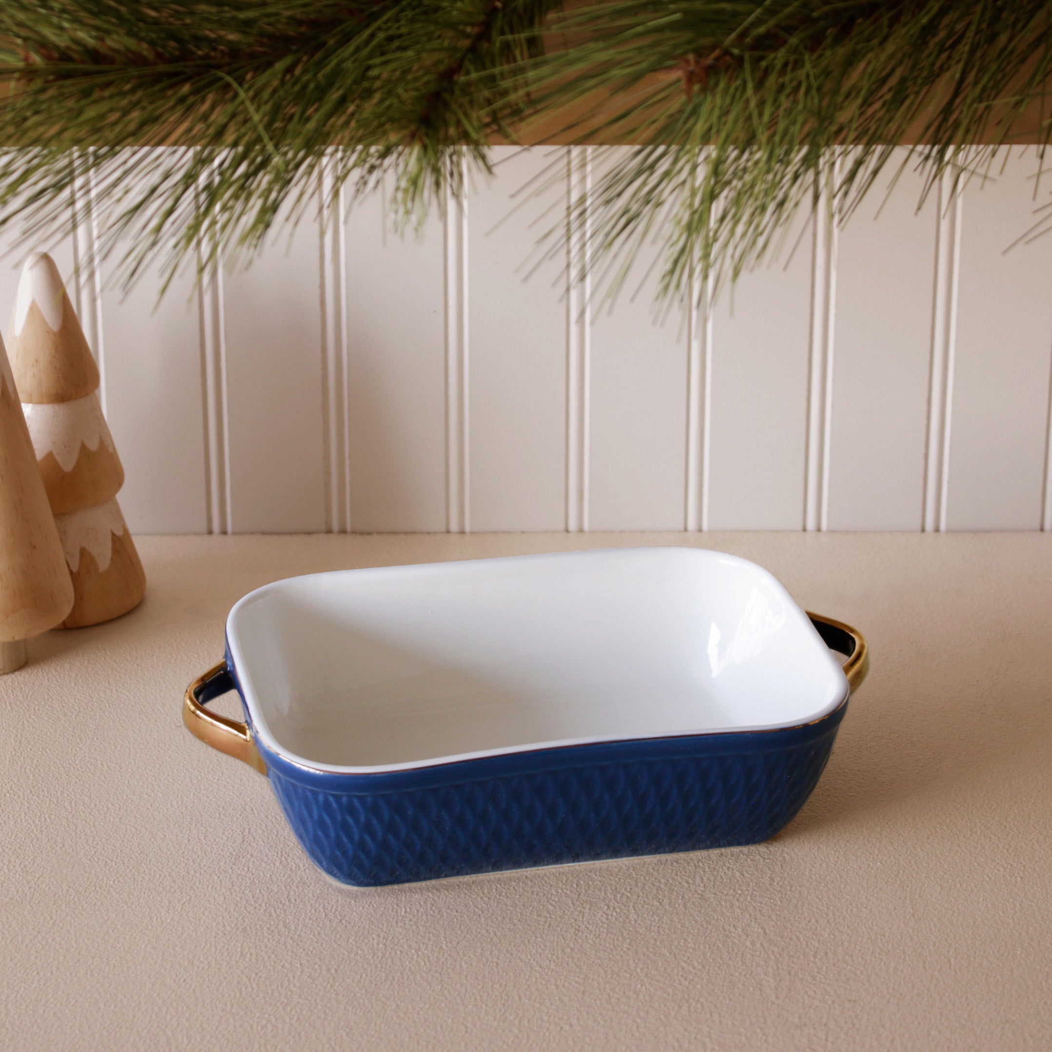 CERAMIC Small Rectangular Baker with Gold Handles Blue