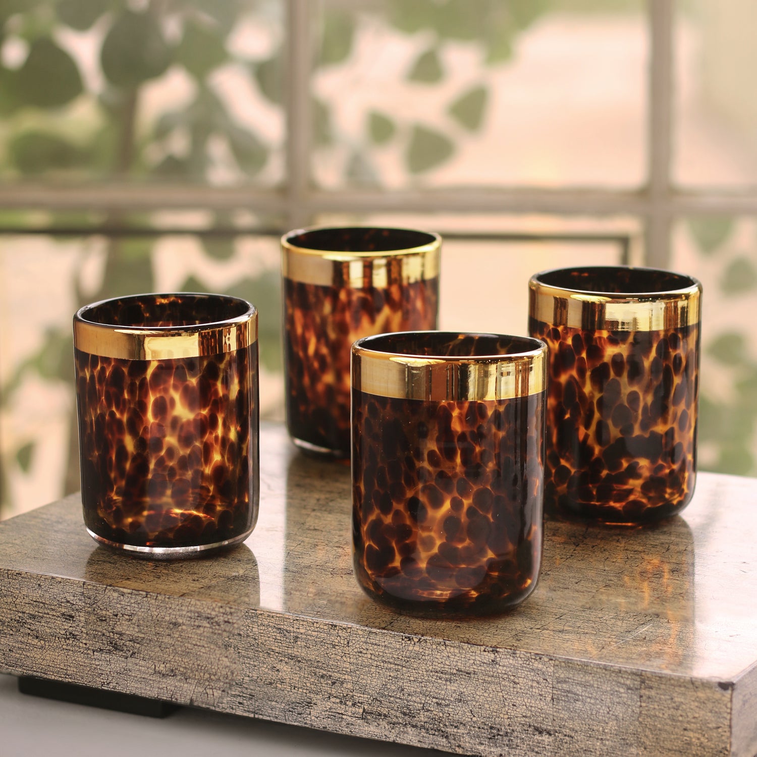 GLASS Tortoise and Gold Tumbler Set of 4