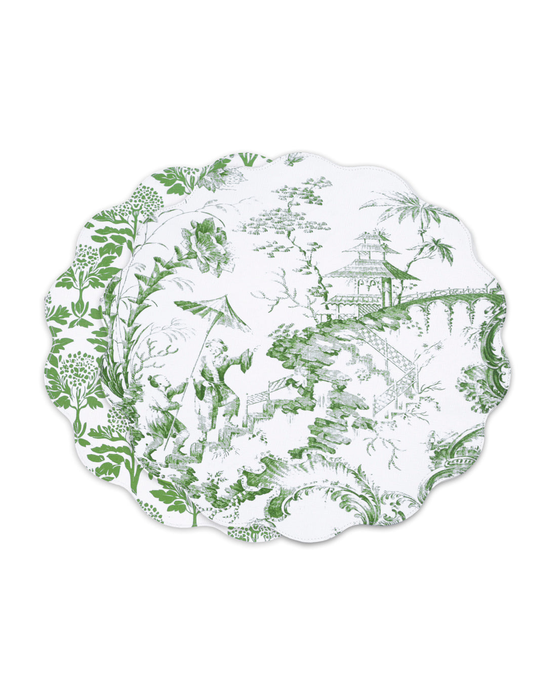 VIDA Chinoiserie Reversible  Round Placemats Set of 4 Green & White