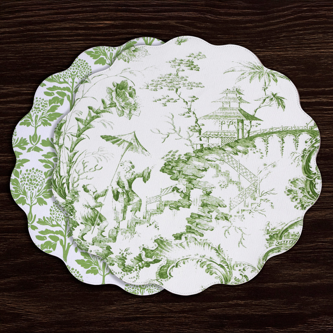 VIDA Chinoiserie Reversible  Round Placemats Set of 4 Green &amp; White