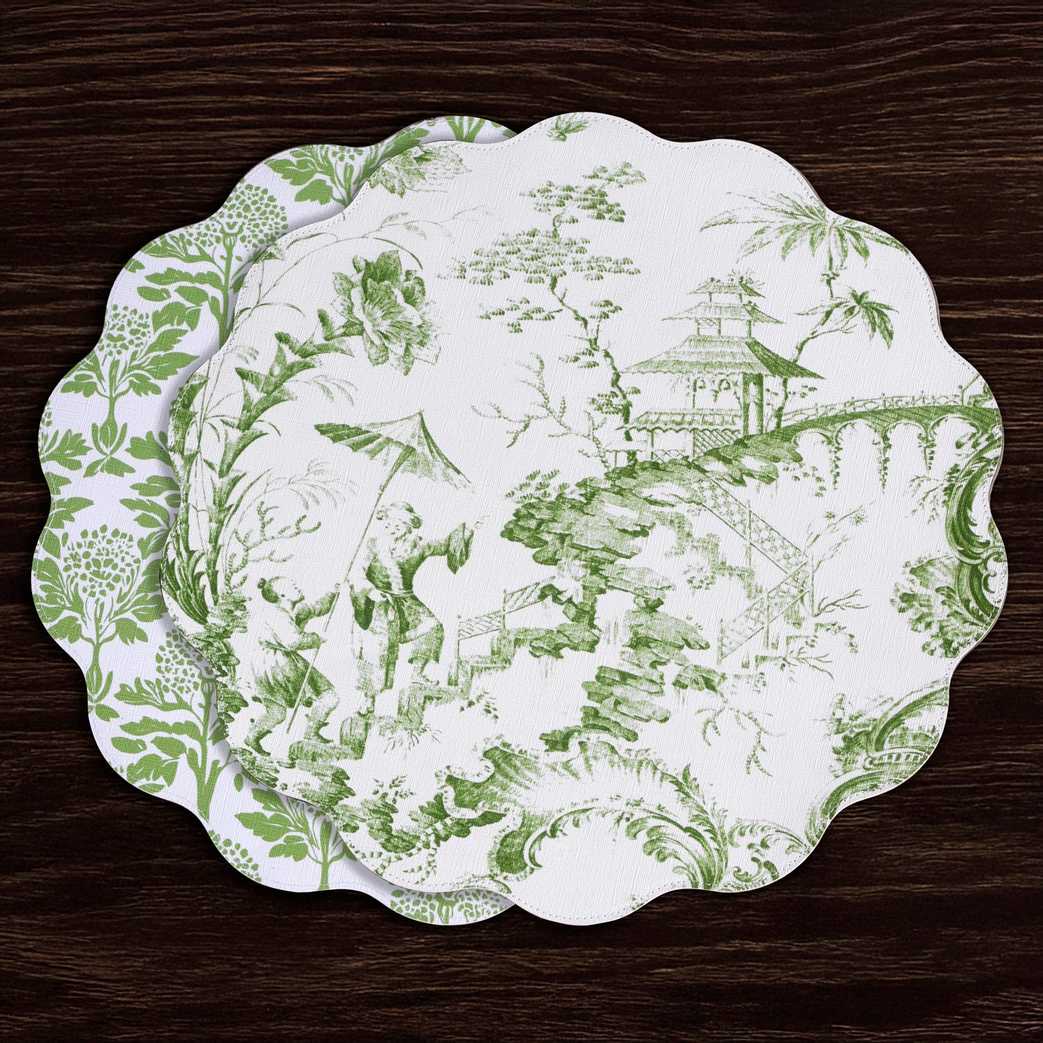 VIDA Chinoiserie Reversible  Round Placemats Set of 4 Green &amp; White