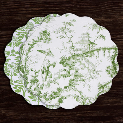 VIDA Chinoiserie Reversible  Round Placemats Set of 4 Green &amp; White