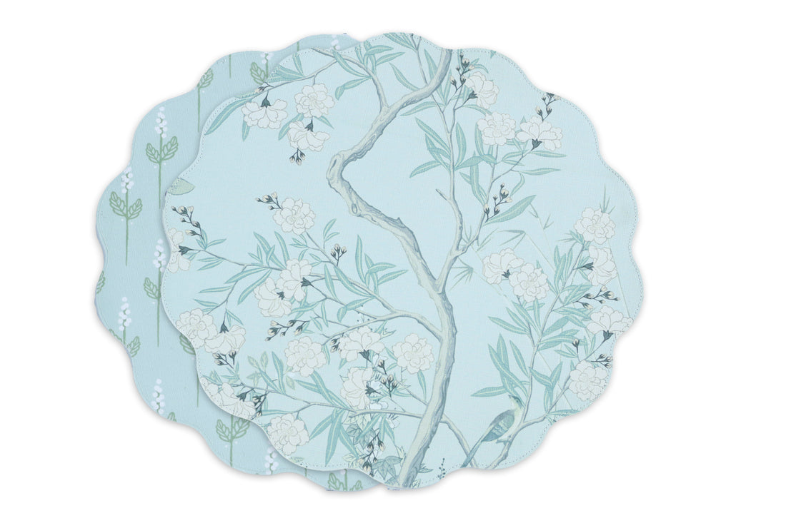 VIDA Chinoiserie Reversible  Round Placemats Set of 4 Light Teal &amp; White