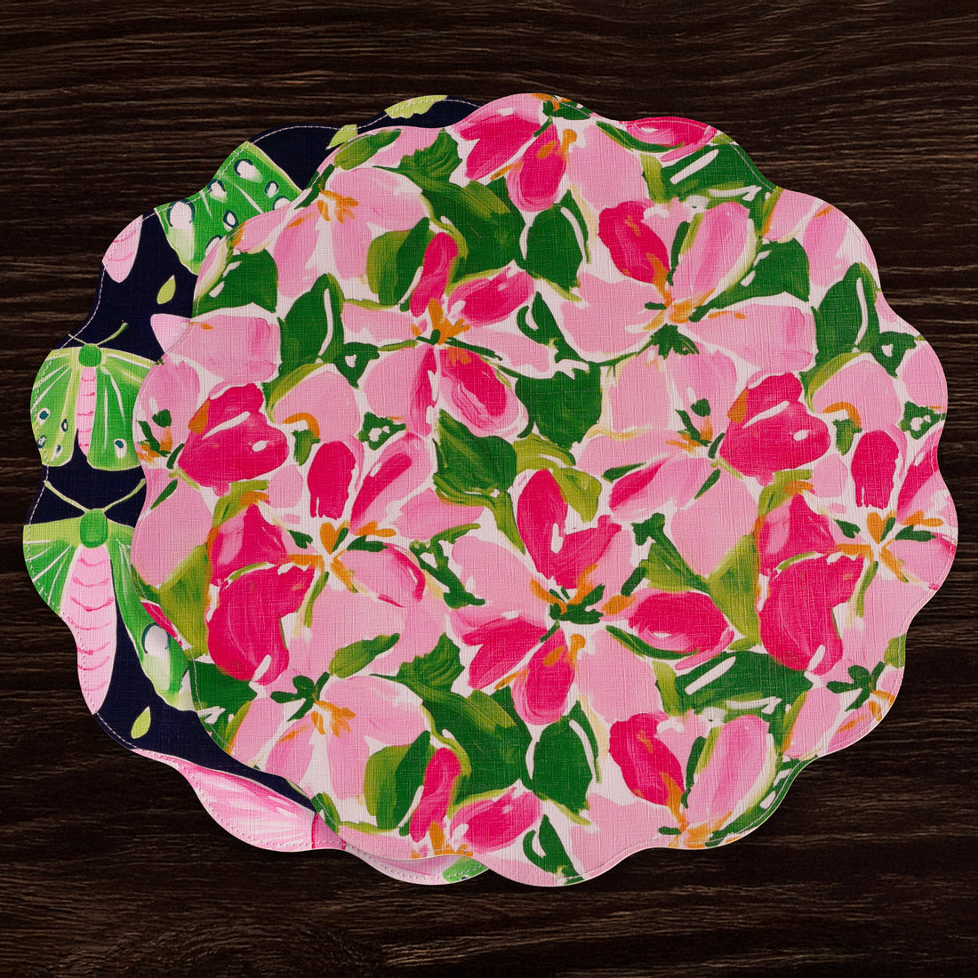 VIDA Butterflies &amp; Flowers Reversible  Round Placemats Set of 4 (Pink &amp; Green)