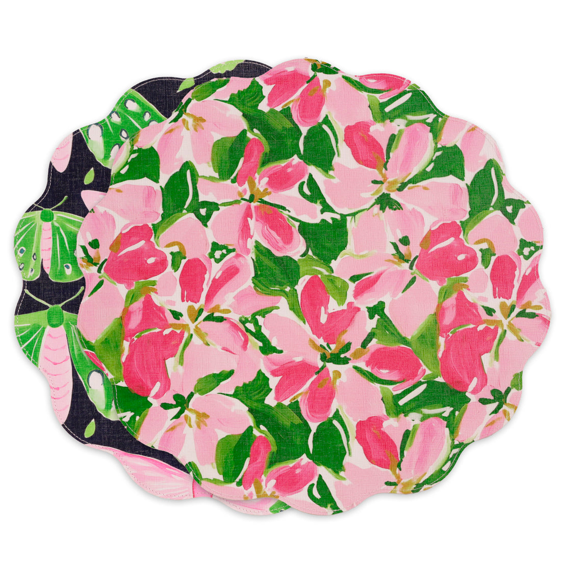 VIDA Butterflies &amp; Flowers Reversible  Round Placemats Set of 4 (Pink &amp; Green)