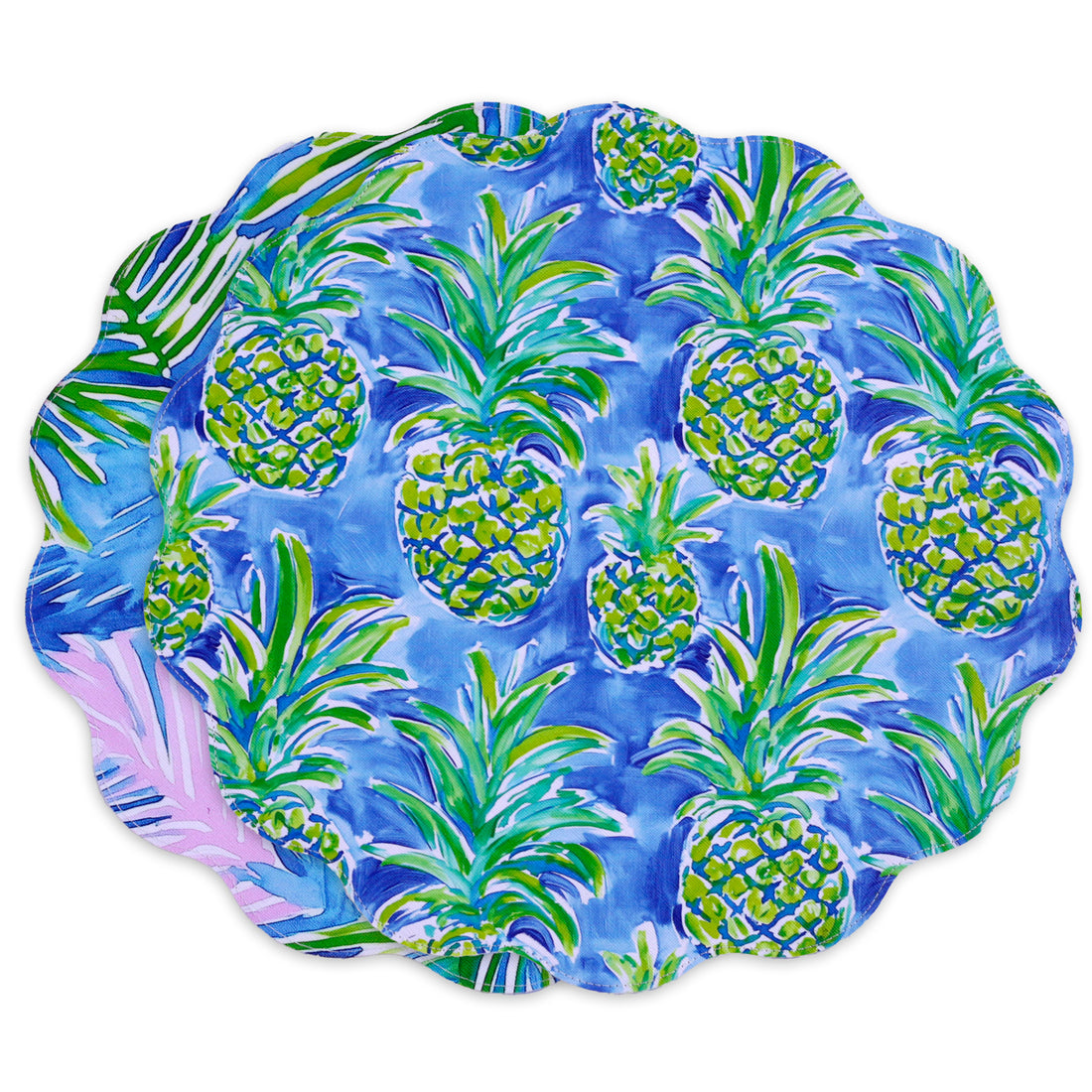 VIDA Pineapples &amp; Palms Reversible  Round Placemats Set of 4 (Blue &amp; Green)