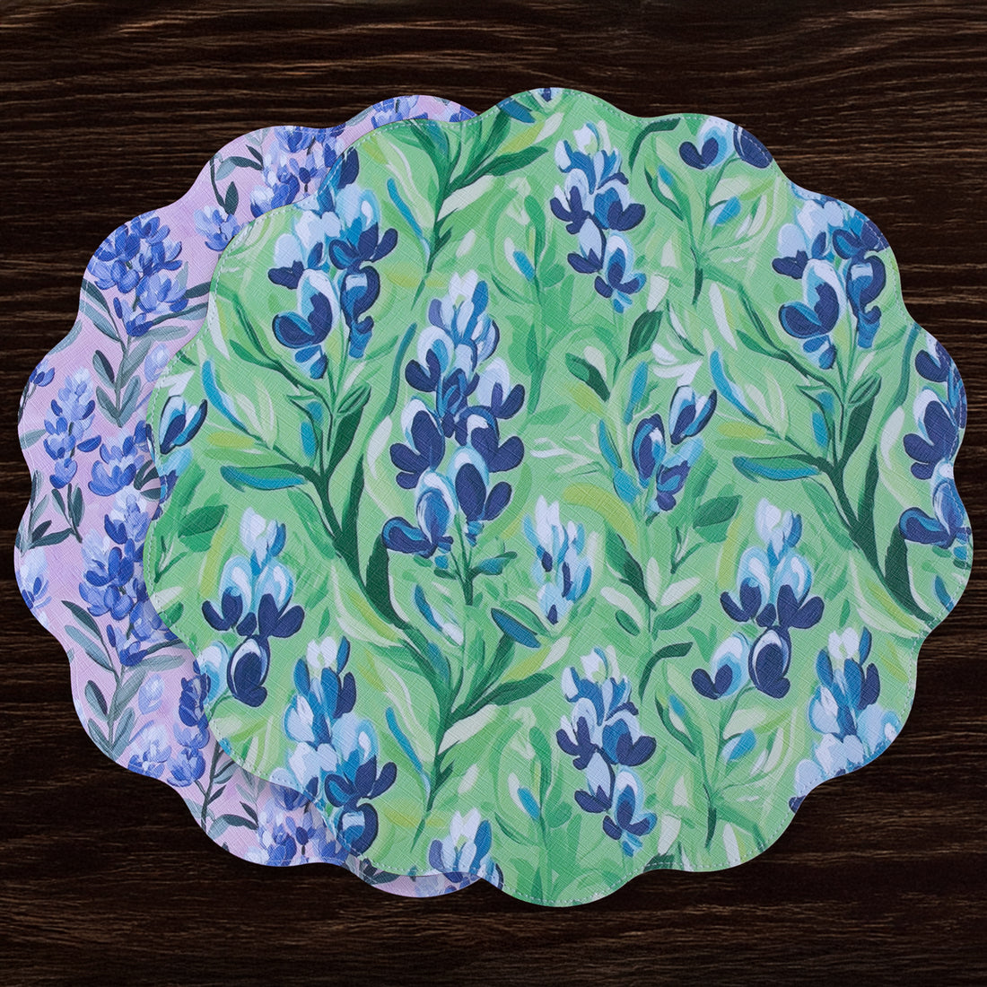 VIDA Bluebells &amp; Flowers Reversible  Round Placemats Set of 4 (Pink &amp; Green)