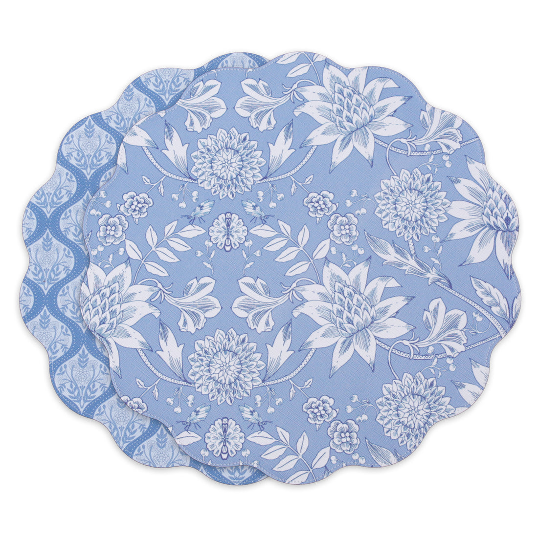 VIDA Flowers &amp; Pattern Reversible  Round Placemats Set of 4 (Blue &amp; White)