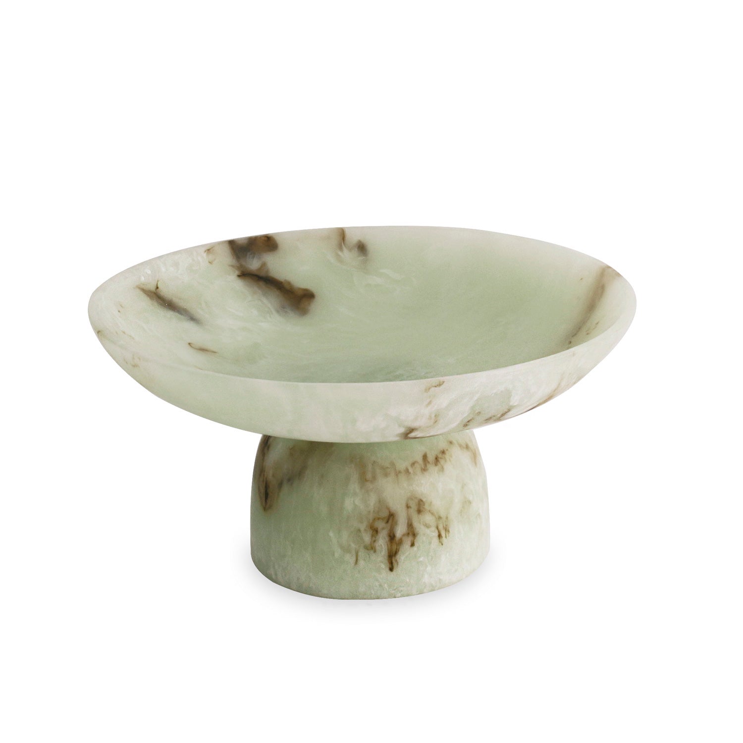Jade swirl marble pattern resin pedestal dish on a white background