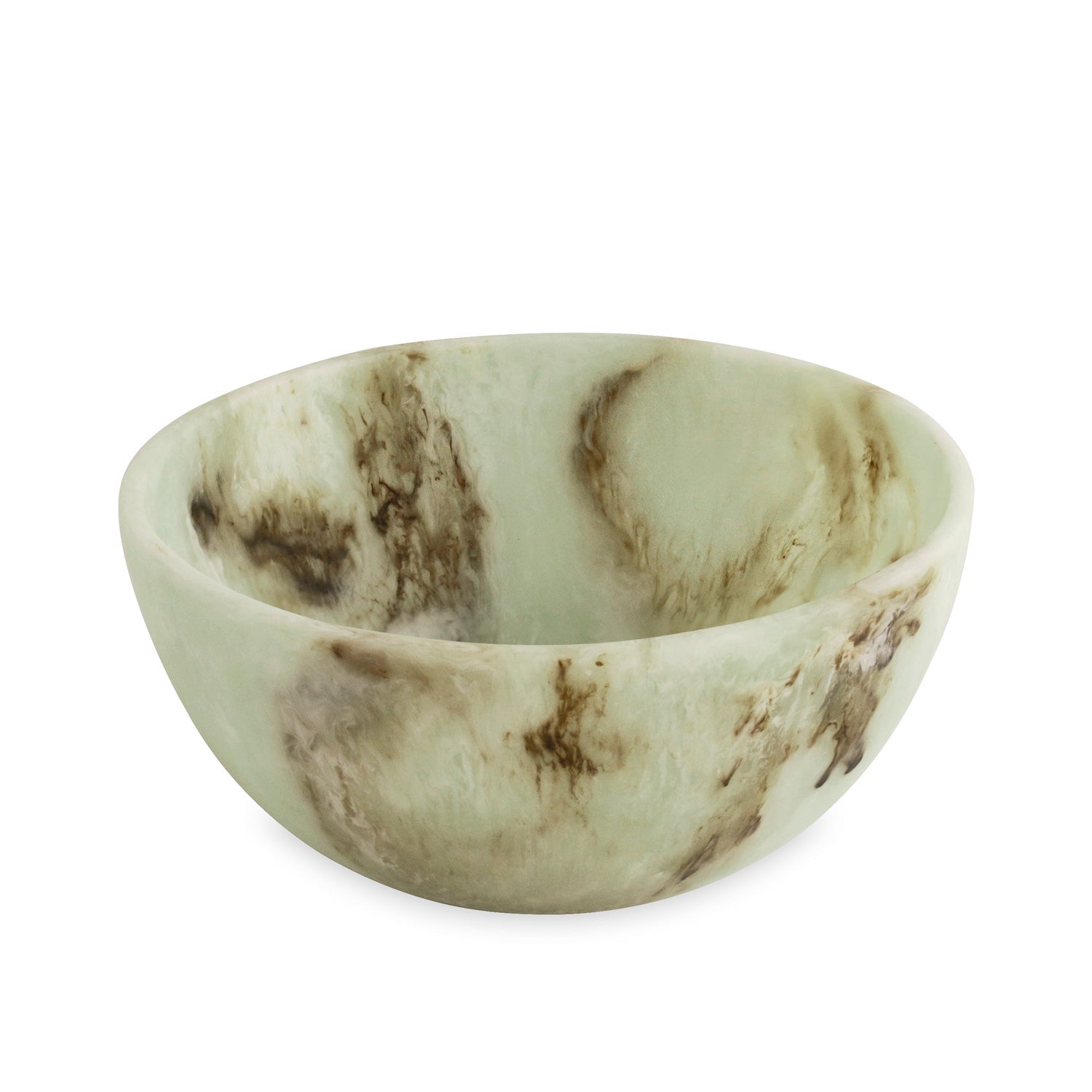 Jade swirl marble pattern resin bowl on a white background