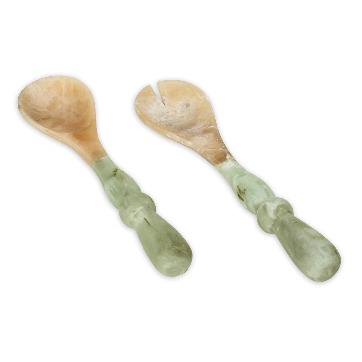 Two Salad Servers with jade swirl marble pattern resin handles on a white background