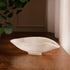 White resin bowl on a wooden surface with a plant and curtain in the background