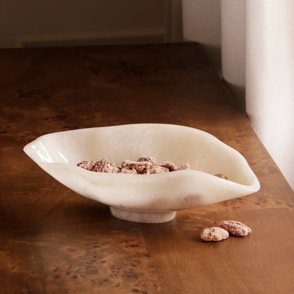 White resin bowl with scattered nuts on a wooden surface