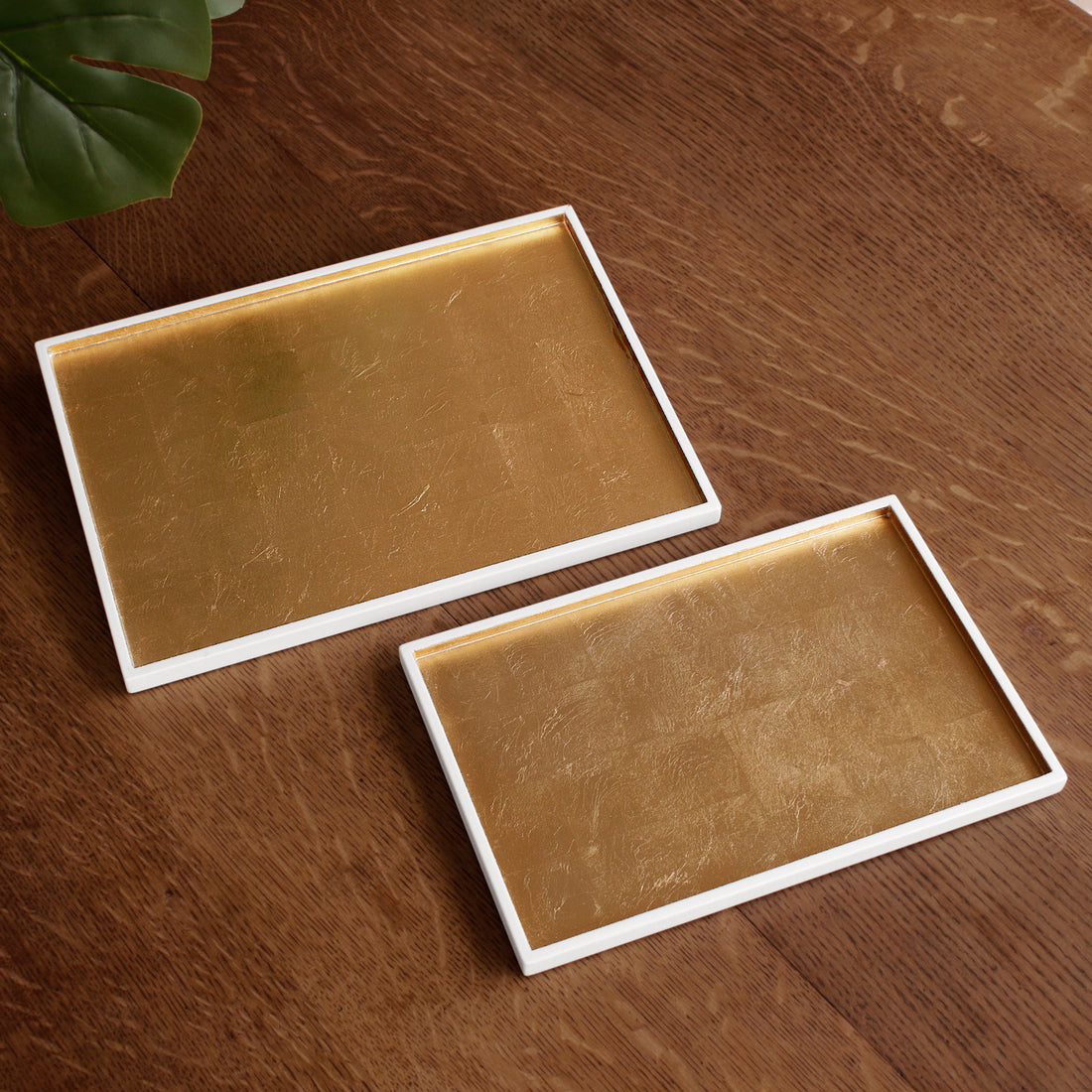 INDOCHINE Rectangle Lacquered Trays Set of 2  White and Gold