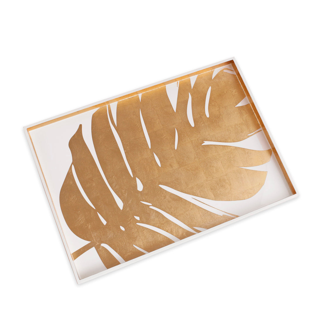 INDOCHINE Large Lacquered PhilodendronTray White and Gold