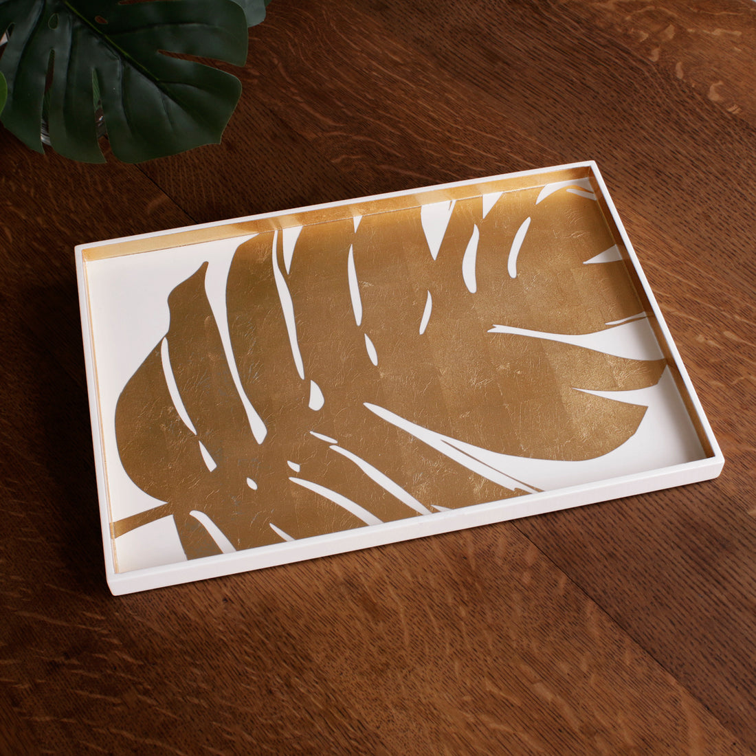 INDOCHINE Large Lacquered PhilodendronTray White and Gold