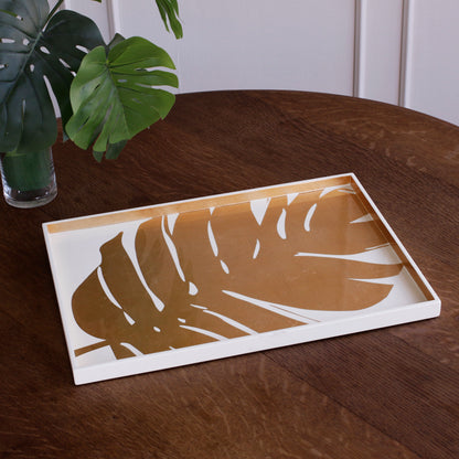 INDOCHINE Large Lacquered PhilodendronTray White and Gold