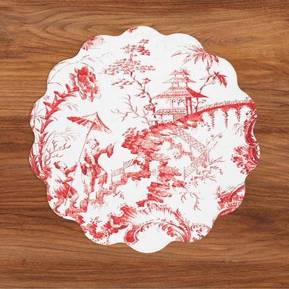 VIDA Chinoiserie and Trellis Reversible Round Placemats Set of 4 Red &amp; White