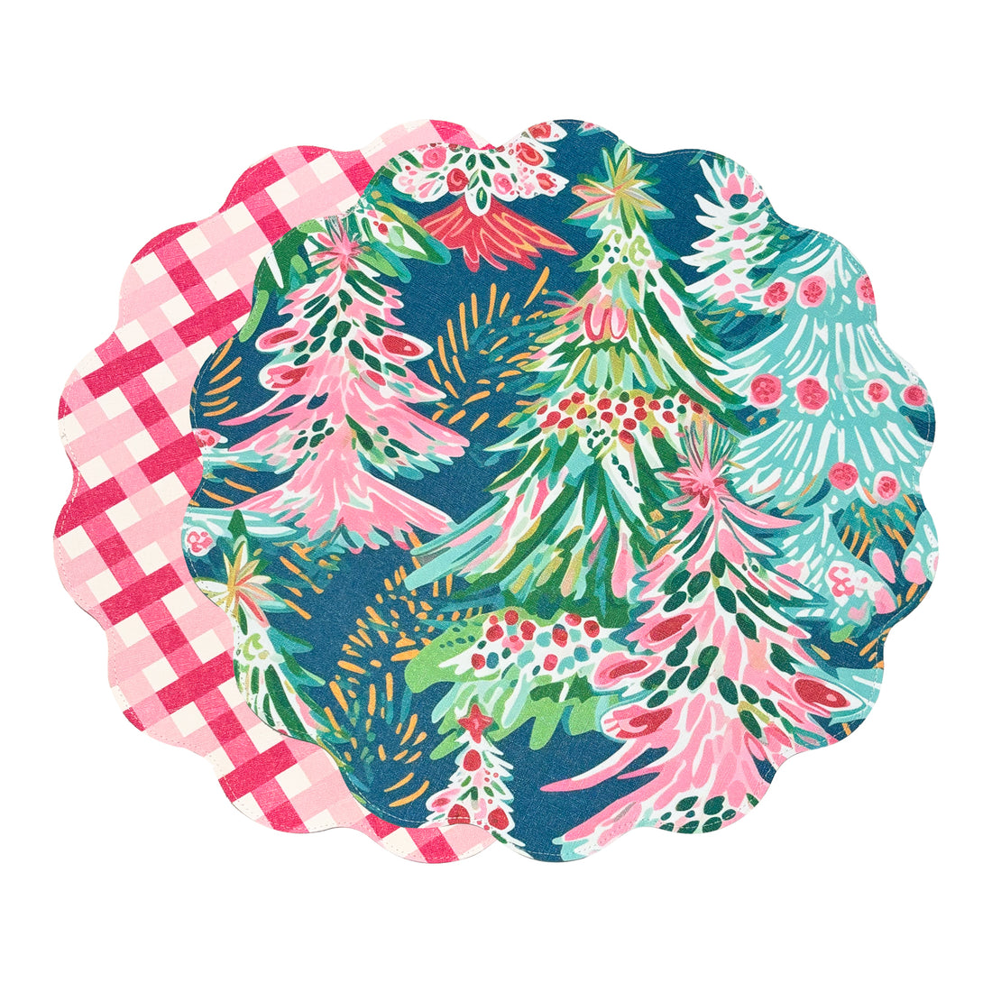 VIDA Holiday Trees and Preppy Plaid Reversible  Round Placemats Set of 4 Pink &amp; Green